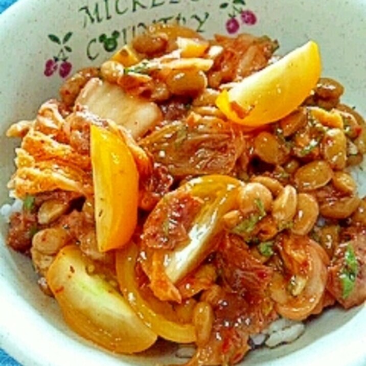 納豆の食べ方-キムチ＆梅＆トマト＆大葉♪